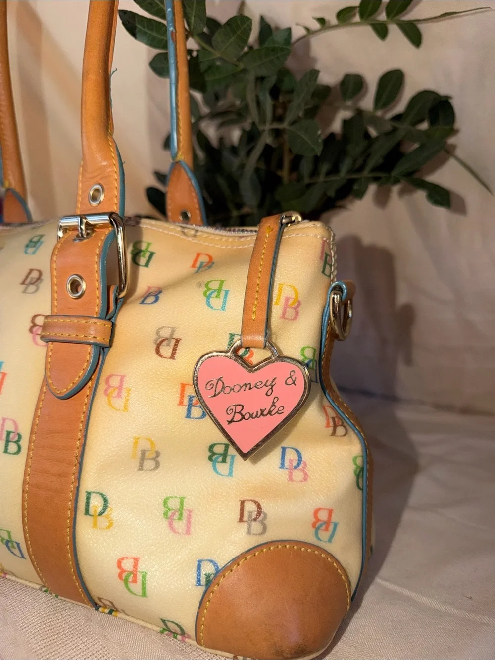 Dooney & Bourke Cream Multicolor DB Logo Satchel with Tan Trim